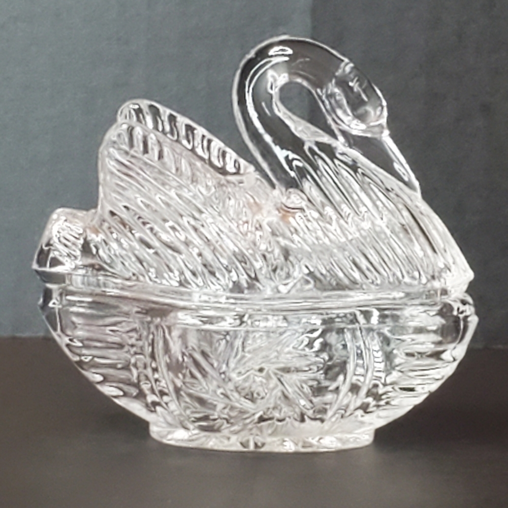 ANNA HUTTE Vintage Lead Crystal 2-Piece Swan Bird Trinket Ring Dish
